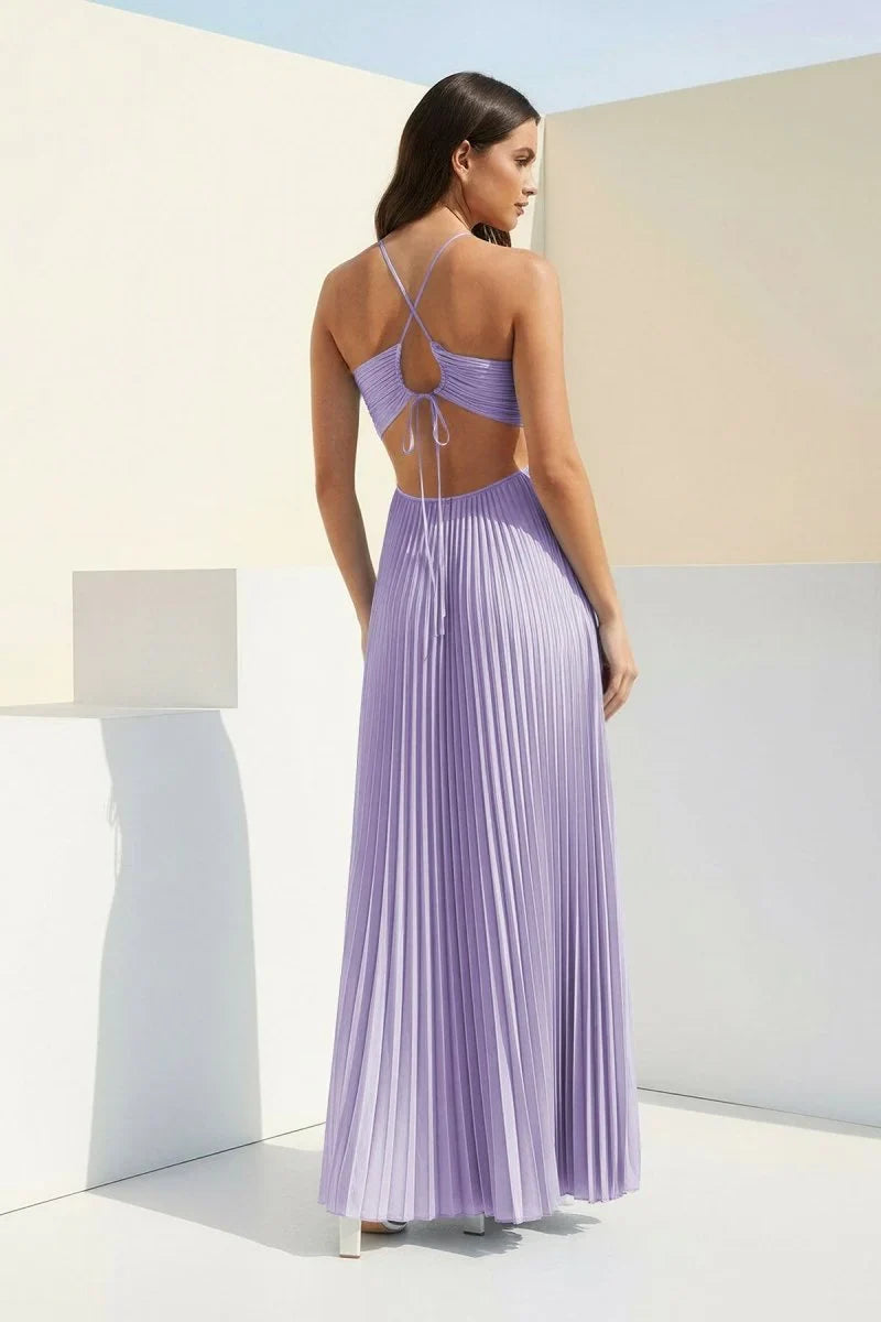 Sky Blue Halter Pleated Satin A Line Prom Dresses With Cutout